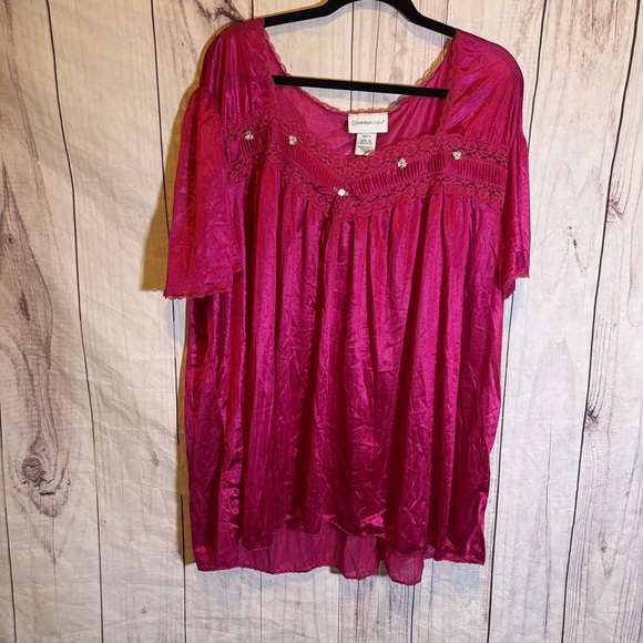 Women's Vintage Comfort Choice Rose Patterned Embroidered Pink Satin PJ Top 3X - Picture 1 of 8